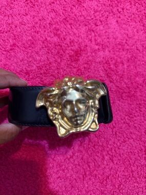 Black Leather Belt with Gold Medusa Buckle